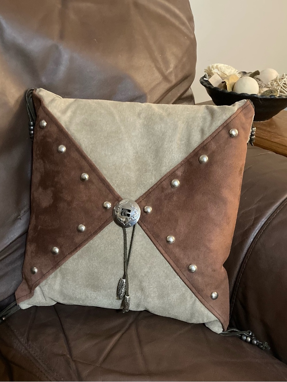 Rustic Western Suede Studded Accent Pillow w/ Silver Concho Medallion